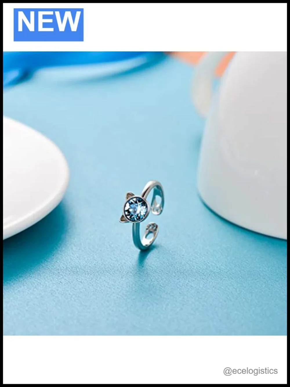 925 Sterling Silver Cat Ring with Austrian Crystal Adjustable Stacking